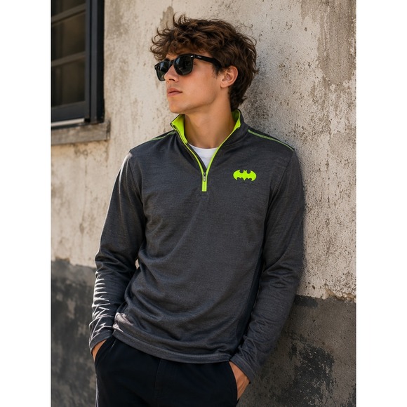 Batman / DC Comics Other - Batman DC Comics Youth Large Gray Neon Green 1/4 Zip Fleece Pullover Jacket L